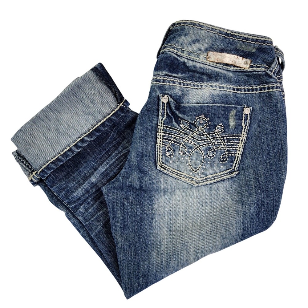 Almost Famous Blue Capri Jeans Womens 7 Y2K McBling Distressed Contrast Stitch 7